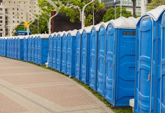 a row of portable restrooms set up for a special event, providing guests with a comfortable and sanitary option in Algonquin